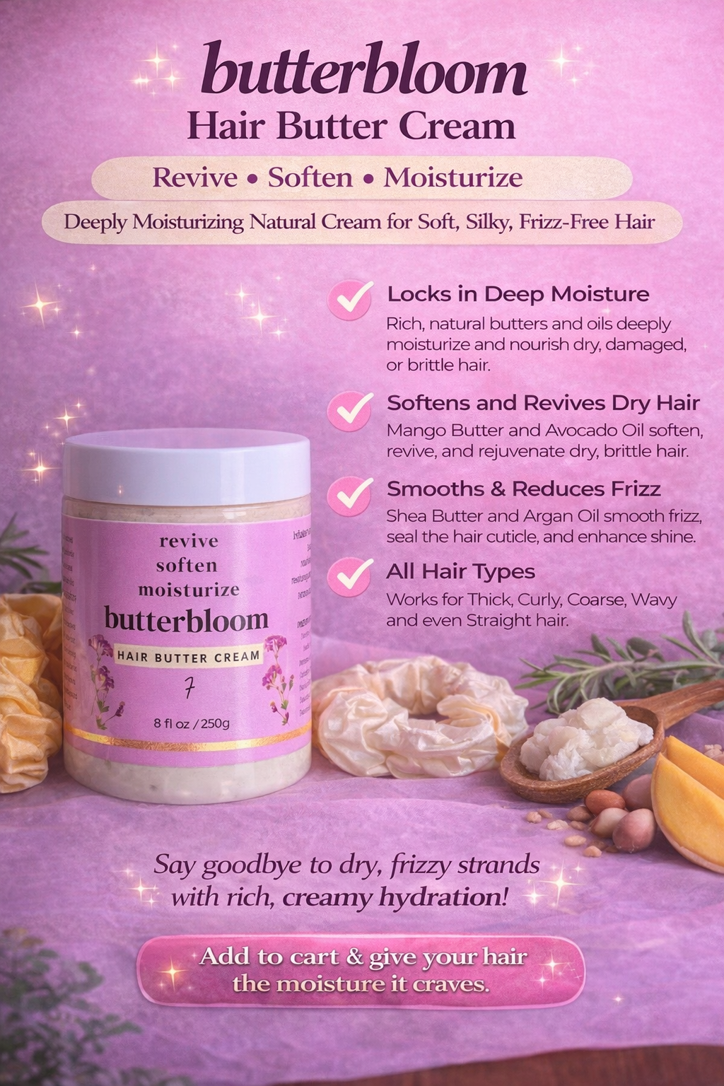 Natural hair growth bundle by butterbloom for scalp care, intense hydration, and healthy hair shown in packaging.