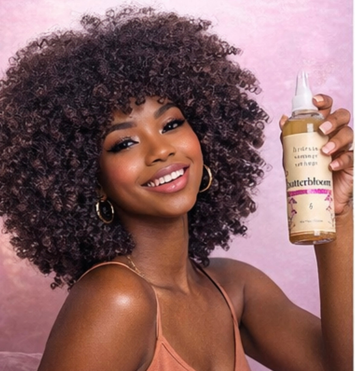 Butterbloom hair growth oil bottle with 21 herbal ingredients against a neutral background, showcasing its natural appeal.