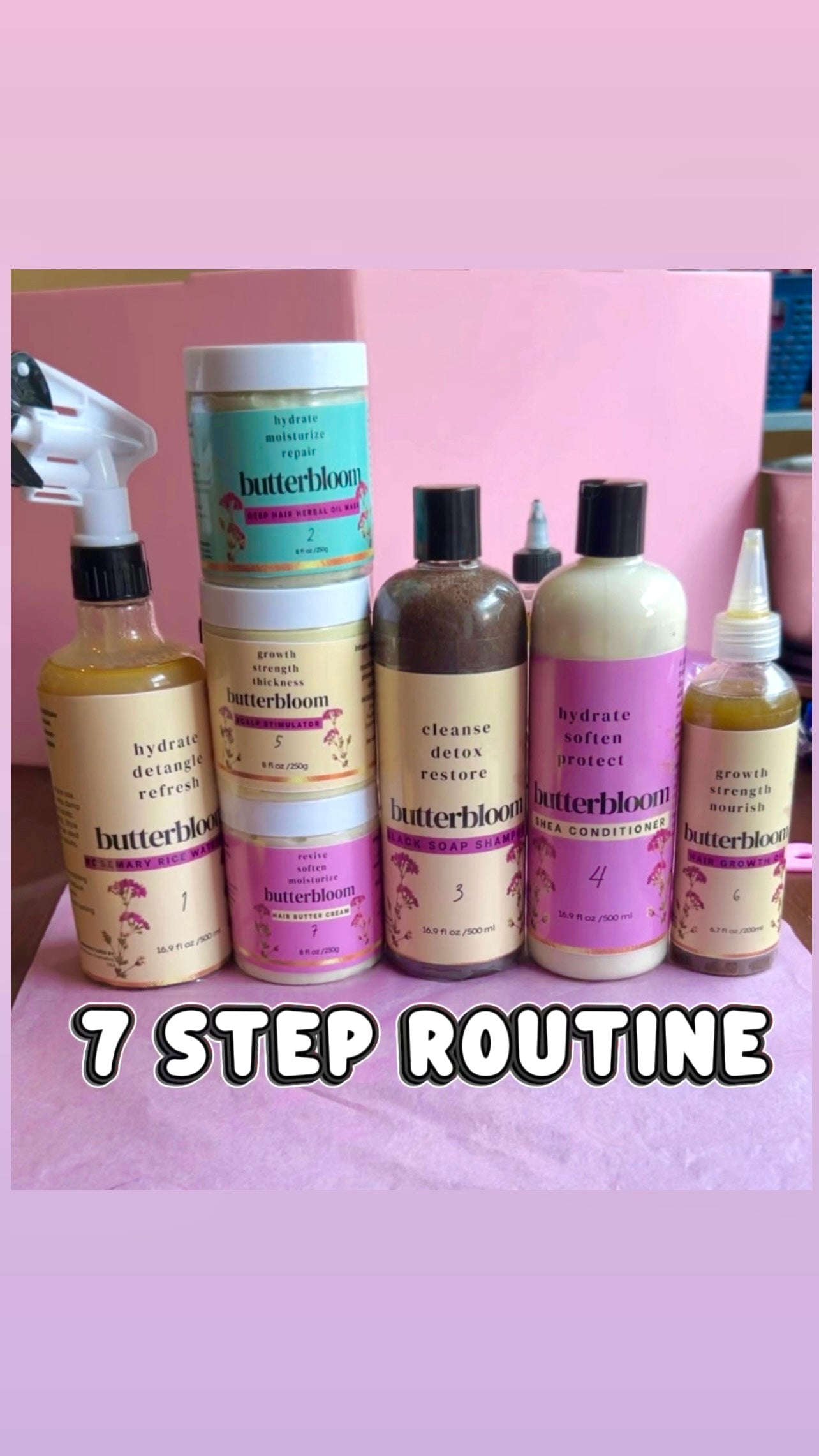 Hair Growth Bundle by butterbloom featuring shea butter, rice water, black soap shampoo, growth oil, and scalp stimulator.