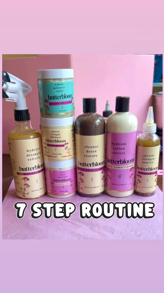 Hair Growth Bundle by butterbloom featuring shea butter, rice water, black soap shampoo, growth oil, and scalp stimulator.