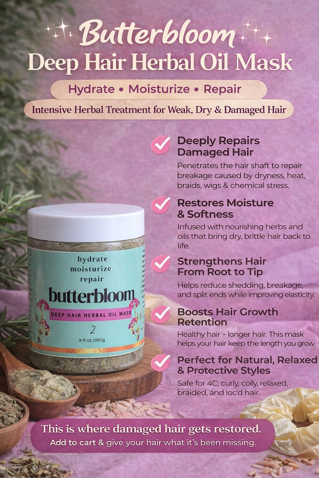 Natural hair growth bundle by butterbloom for scalp care and intense hydration, featuring bottles and jars of products.