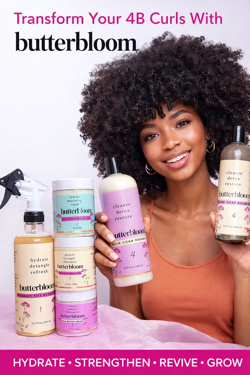Hair growth bundle by butterbloom featuring shea butter, ricewater, African black soap shampoo, growth oil, and scalp stimulator.