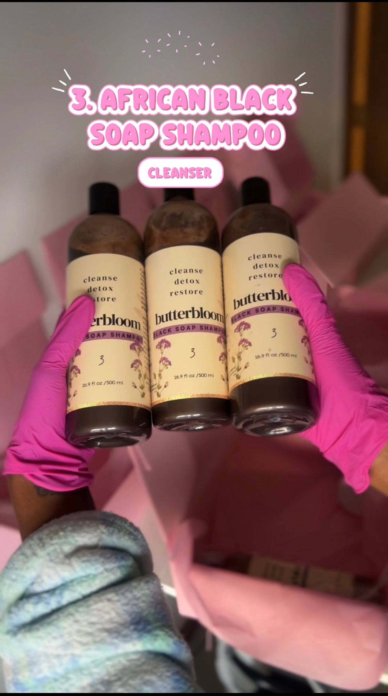 Butterbloom African black soap shampoo bottle with label, designed for promoting hair growth and healthy hair.