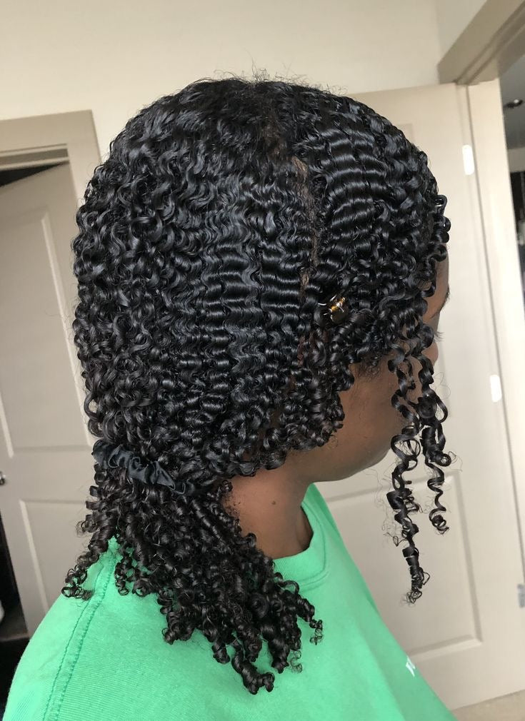 Shea butter, rice water, African black soap shampoo, growth oil, and scalp stimulator in a natural hair care bundle by butterbloom.