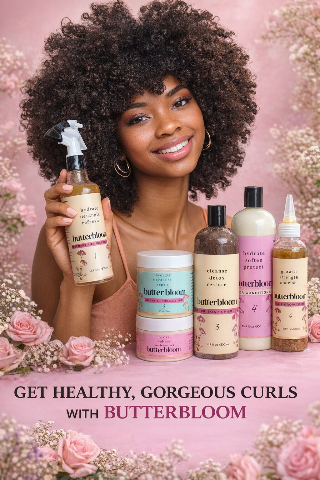 Hair Growth Bundle by butterbloom featuring shea butter, rice water, African black soap shampoo, and growth oil.