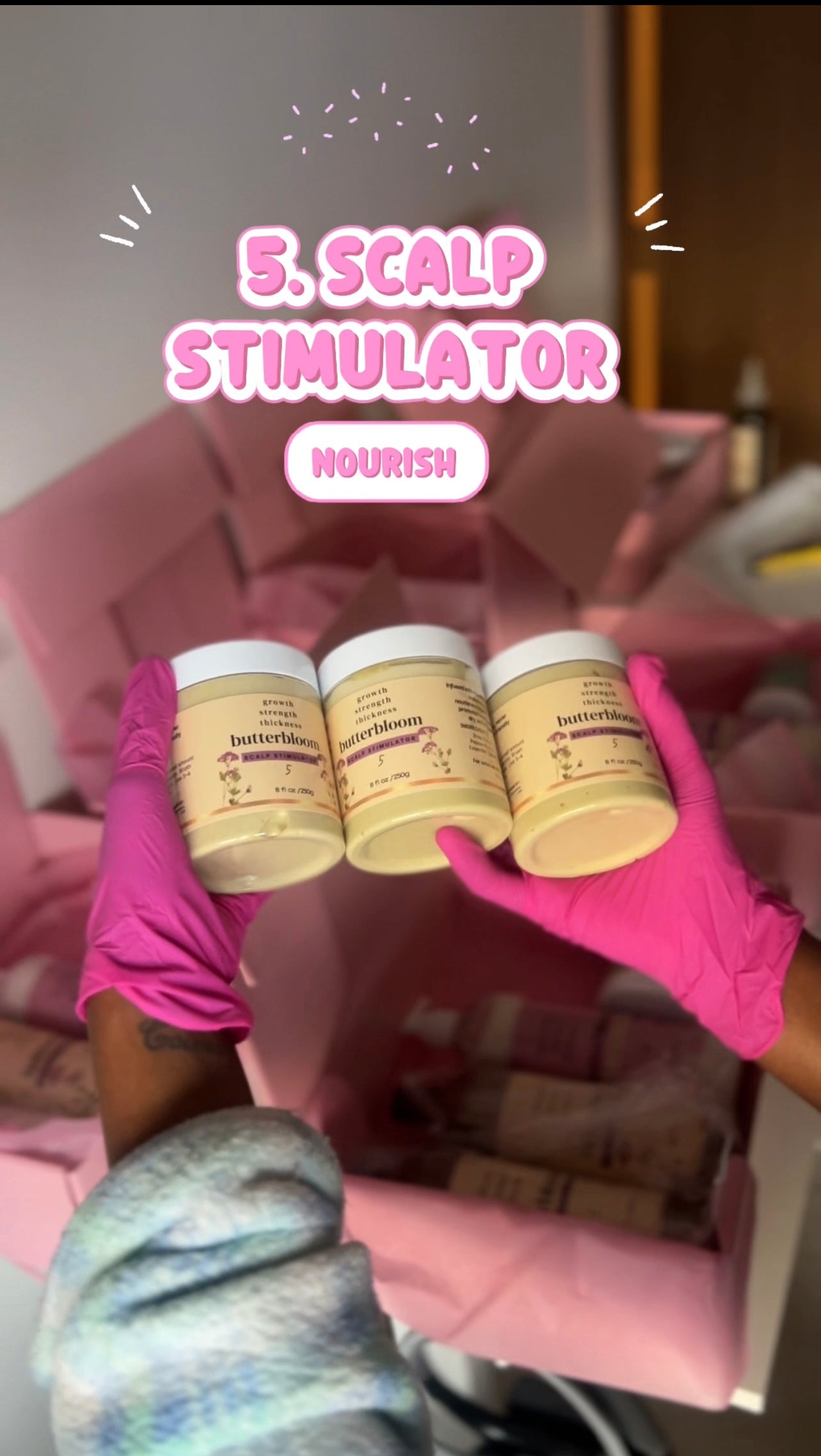 Butterbloom hair growth scalp stimulator balm in a jar, showcasing creamy texture and natural ingredients for scalp health.