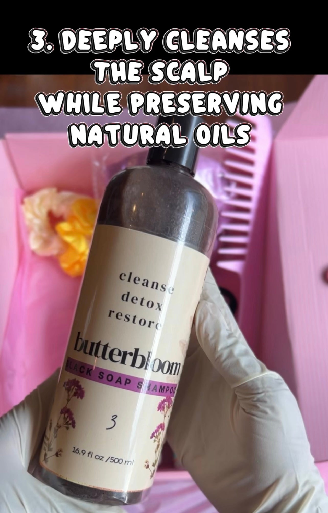 Butterbloom African black soap shampoo bottle, designed for promoting hair growth, set against a neutral background.