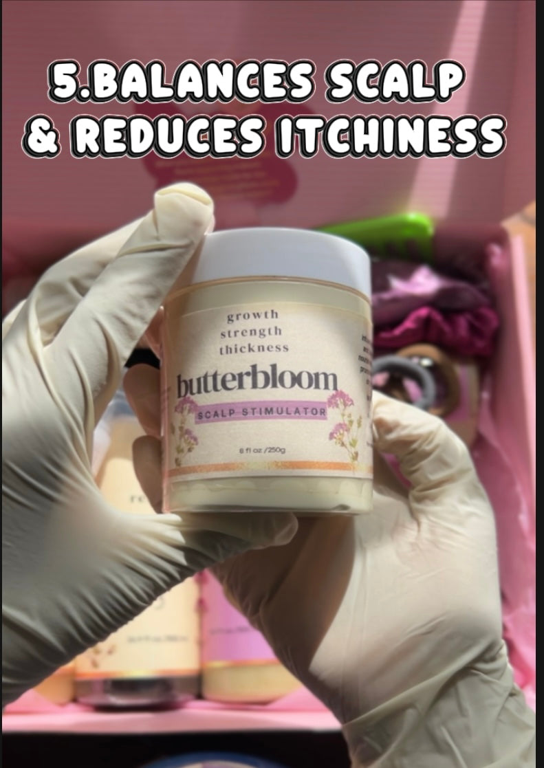 Butterbloom hair growth scalp stimulator balm in a jar with a smooth texture and a rich, creamy consistency.