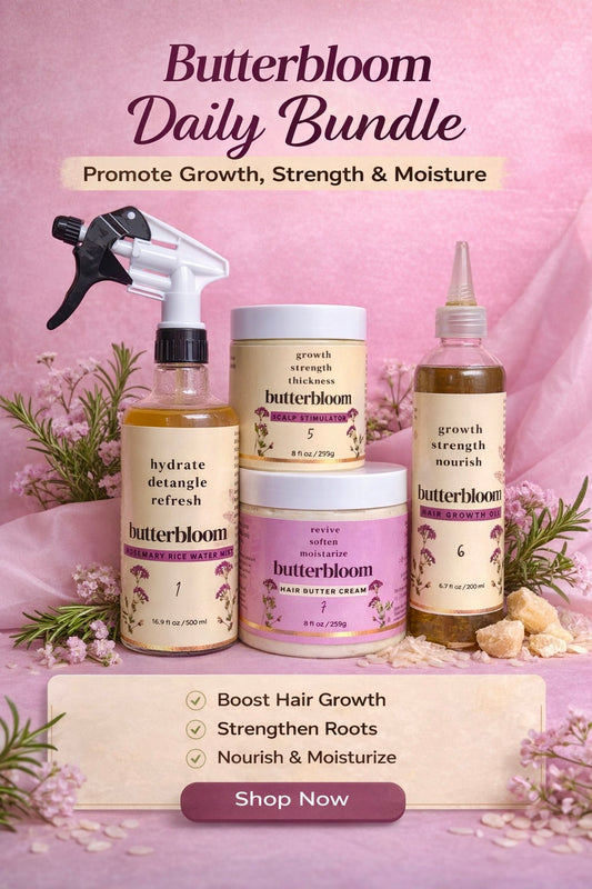 Butterbloom hair care product bundle with bottles and packaging on a pink background , Natural hair growth bundle  with rosemary ricewater, shea butter, scalp stimulator , hair butter cream and hair growth oil
