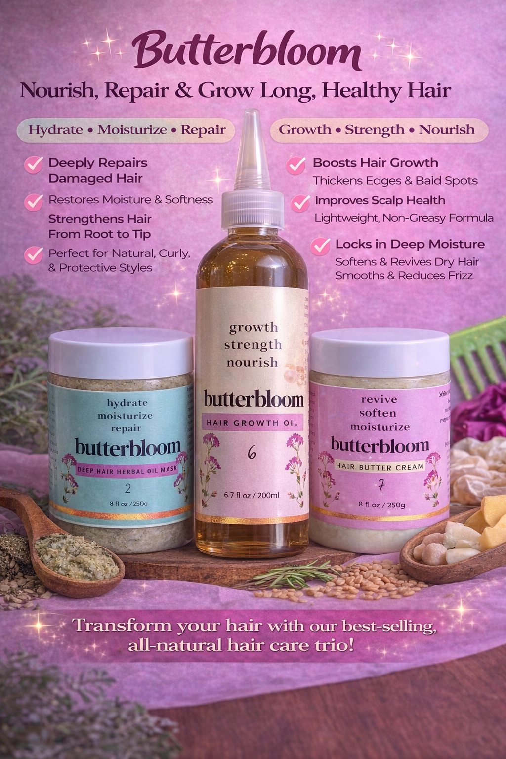 Natural hair growth bundle by butterbloom featuring scalp care, intense hydration, and healthy hair products.