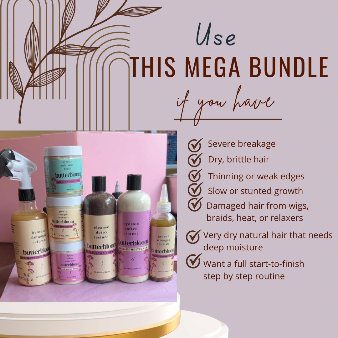 Hair Growth Bundle by butterbloom featuring shea butter, rice water, African black soap shampoo, growth oil, and scalp stimulator.