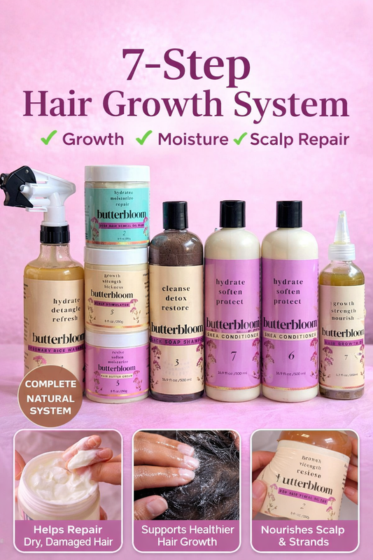 Butterblooms 7-Step Hair Growth System on a pink background with product bottles and images.