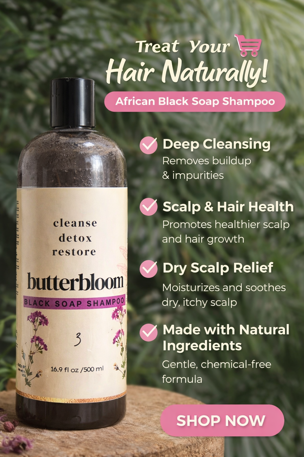 Butterbloom African black soap shampoo bottle for hair growth on a white background.