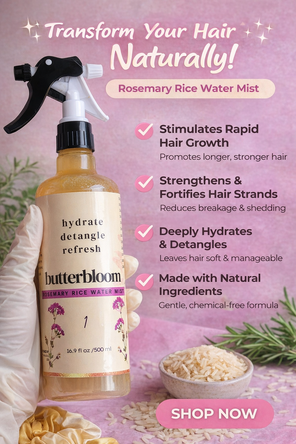 Handmade butterbloom rosemary rice water in a bottle, designed for promoting hair growth and nourishment.