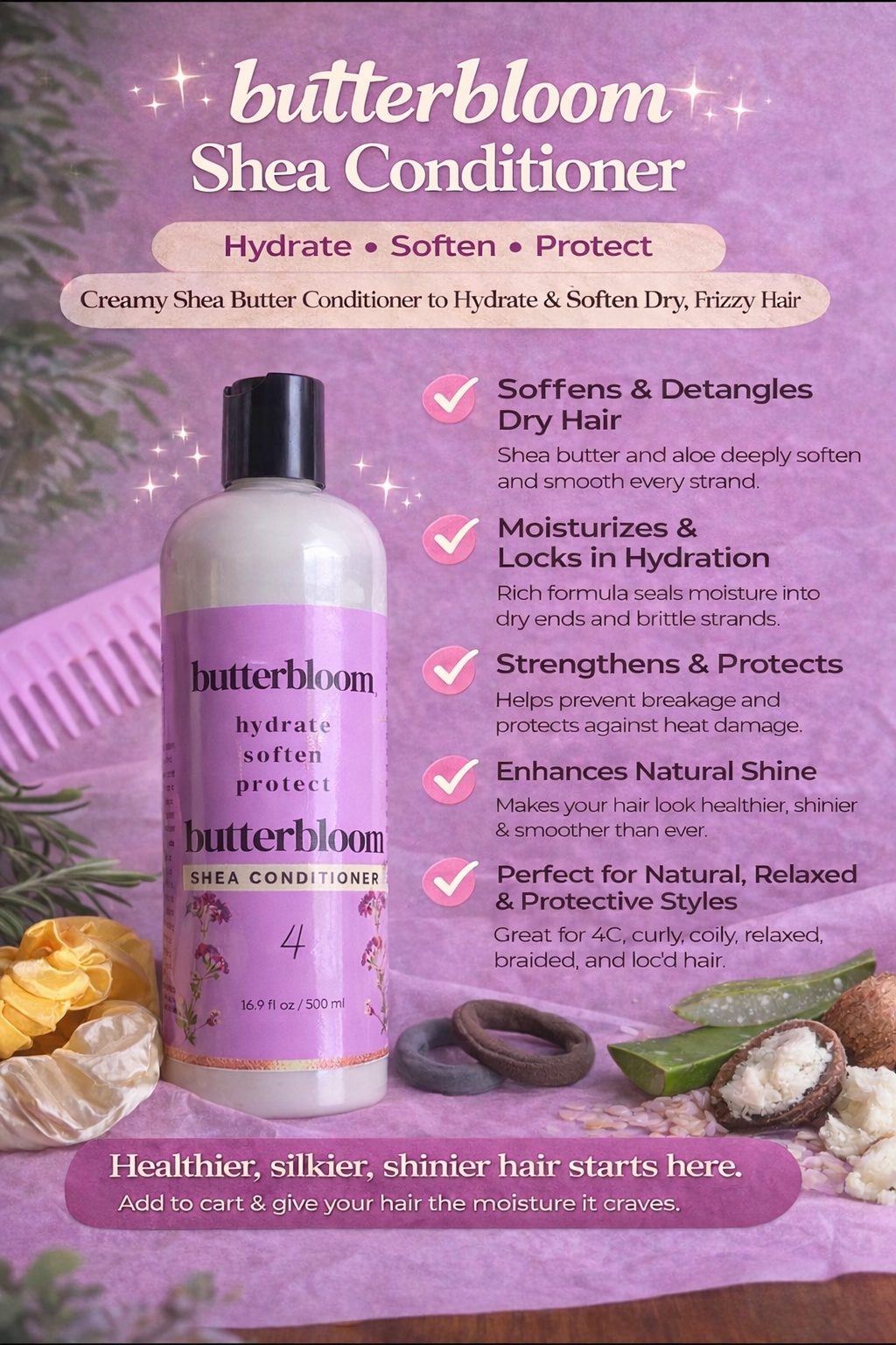 Butterbloom Shea Conditioner in a clear bottle with a pump, showcasing a creamy texture and natural ingredients.