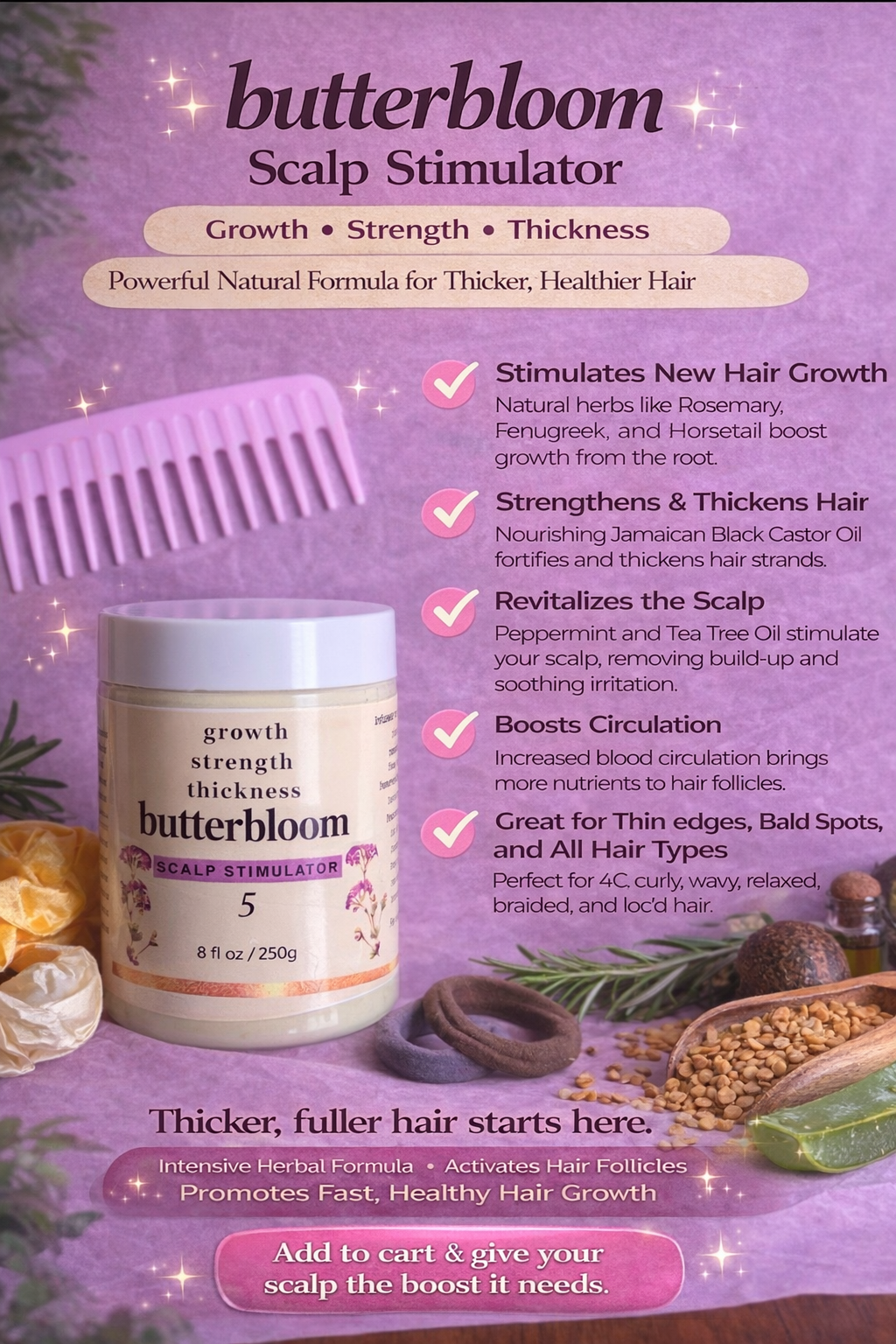 Butterbloom hair growth scalp stimulator balm in a jar with a smooth texture and natural ingredients visible.