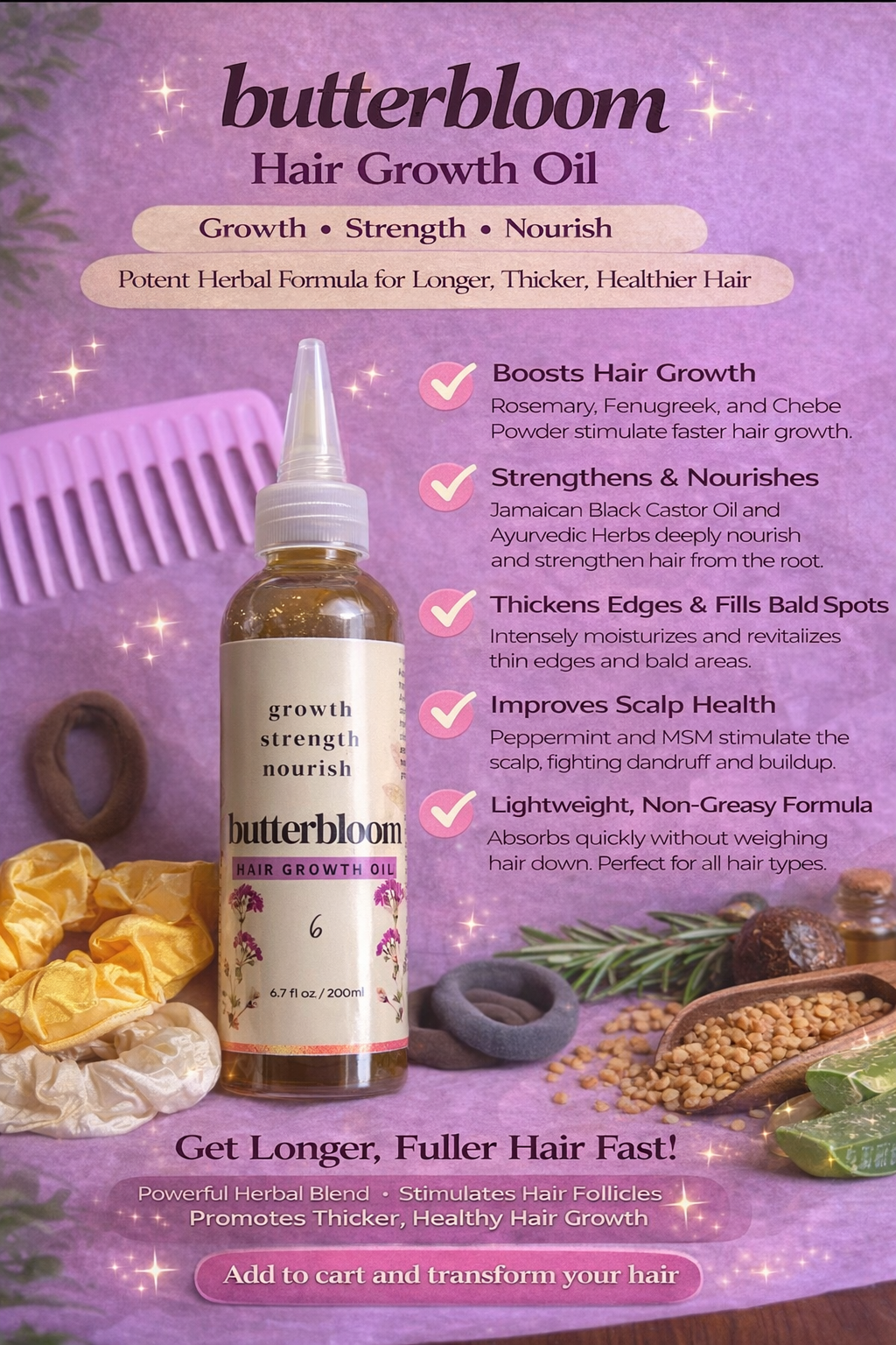 Natural hair growth bundle by Butterbloom for scalp care and intense hydration, featuring bottles and jars of hair products.